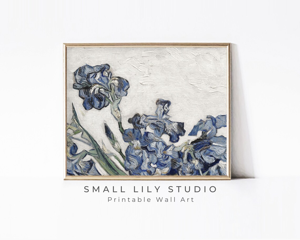 Blue Irises Impasto Oil Painting Van Gogh Style Floral Still Life Print