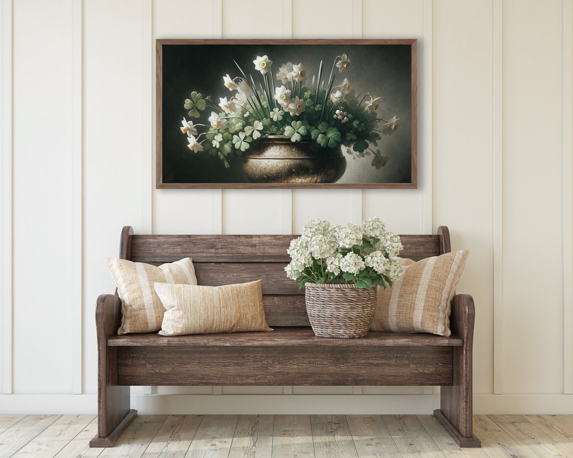 Daffodils and Shamrocks Gold Pot Moody Vintage Still Life Art Poster - Image 2