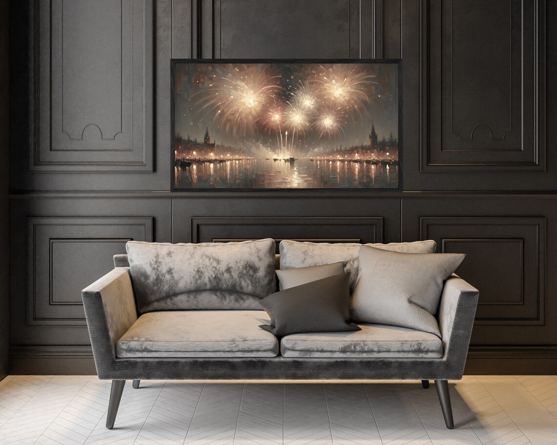 Gold Fireworks Vintage Style New Year’s Art Print - Image 2