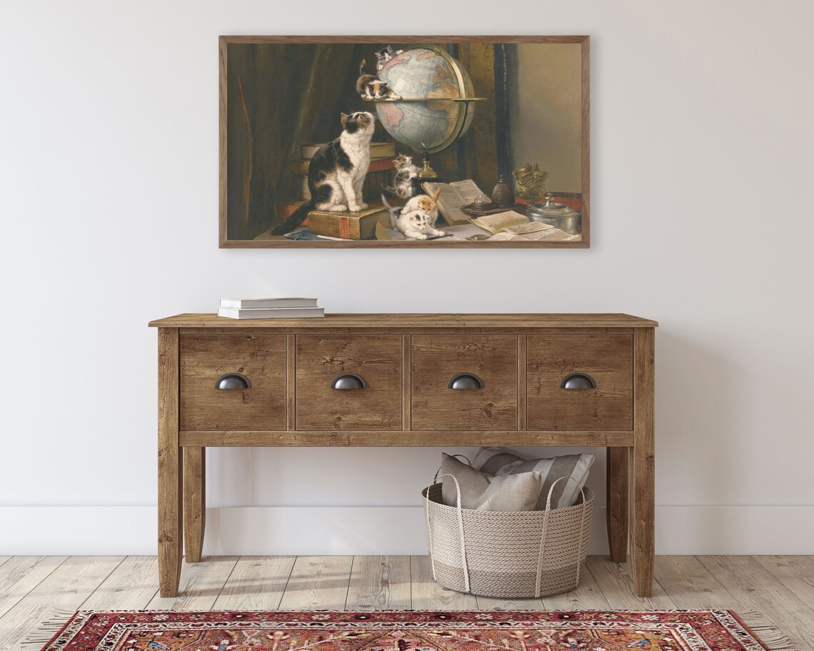 Cats Kittens Globe Vintage Painting Cat Lover Antique Art Poster - Image 2