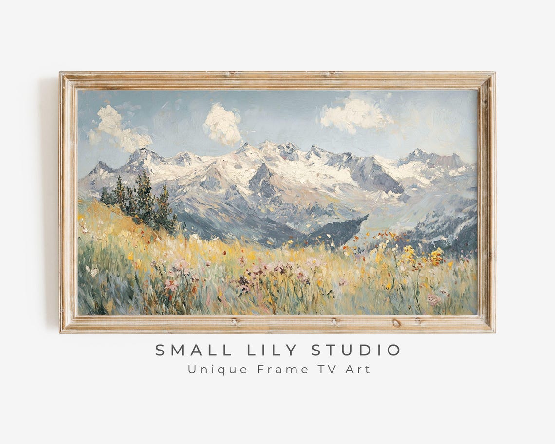 Frame Tv Art Wildflowers In The Alps Winter Frame Tv Art Swiss Snowy Mountains Vintage Style Textured Landscape Painting Tv528