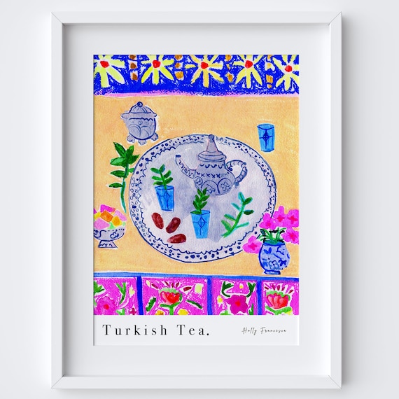 Turkish Tea Still Life Watercolor Teapot Mint Tea Kitchen Decor Art Print
