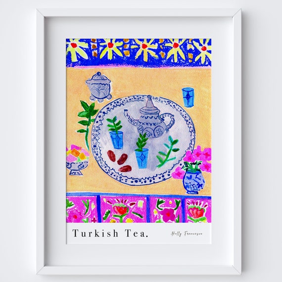 Turkish Tea Table Scene Art Print Watercolour Pastel Poster Kitchen Trkiye Traditional Dining Istanbul Travel Gift