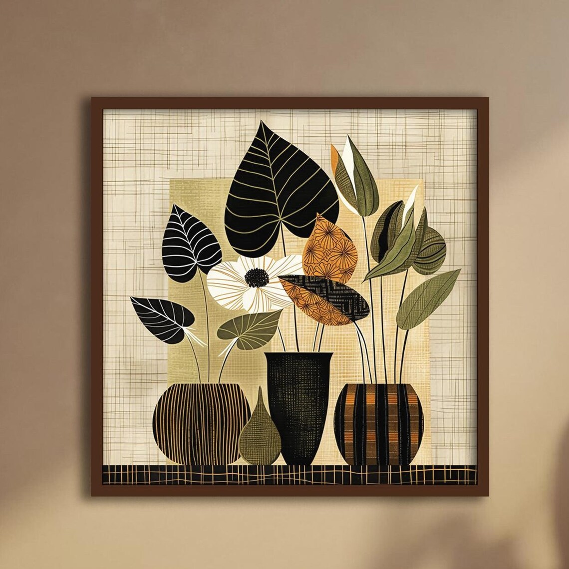Mid Century Modern Botanical Black Vases Stylized Leaves Art Poster