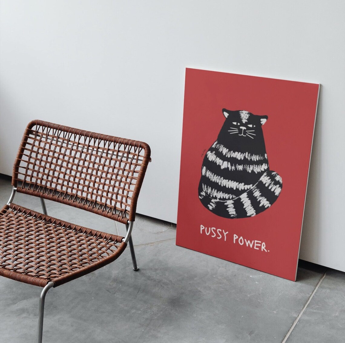 Pussy Power Striped Black Cat Illustration Bold Red Wall Poster