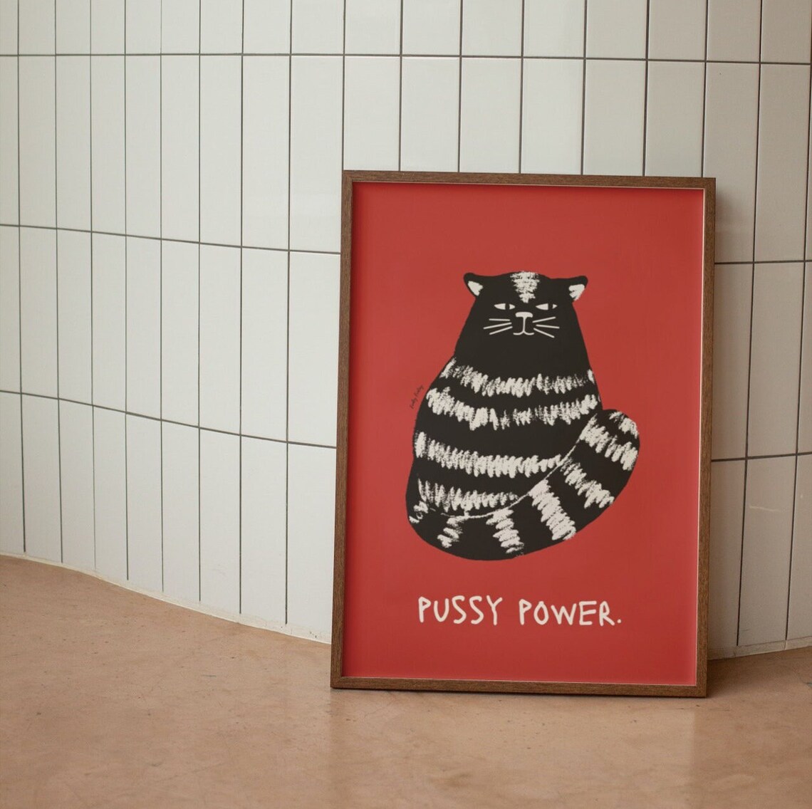 Pussy Power Striped Black Cat Illustration Bold Red Wall Poster - Image 2