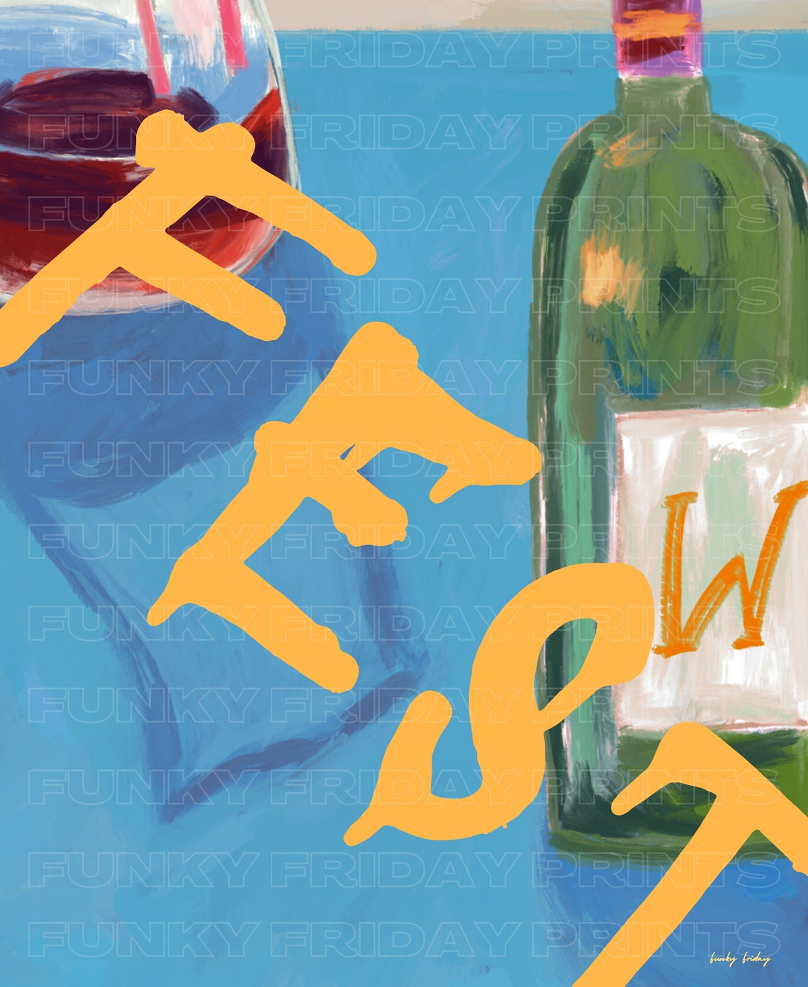 Tasty Wine Bottle Glass Painting Bold Blue Kitchen Wall Poster - Image 2