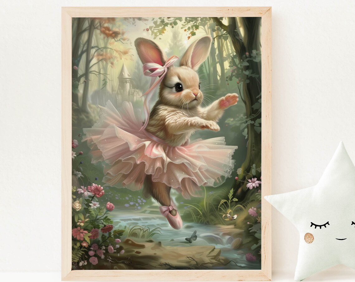 Dancing Bunny Ballerina Pink Bow Tutu Magical Woodland Stream Poster