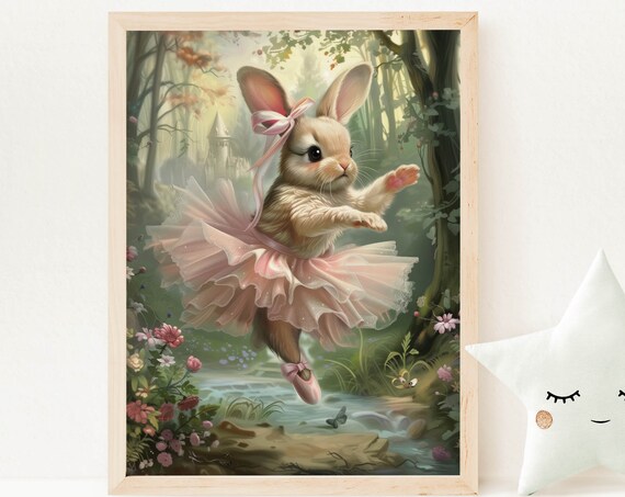 Dancing Bunny Ballerina Pink Bow Tutu Magical Woodland Stream Poster