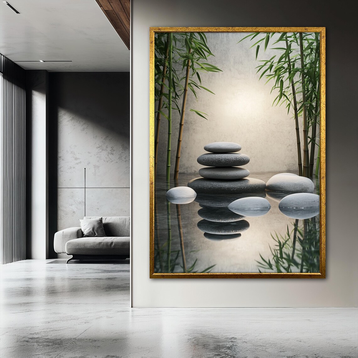 Zen Stone Painting With Bamboo Reflection - Image 3