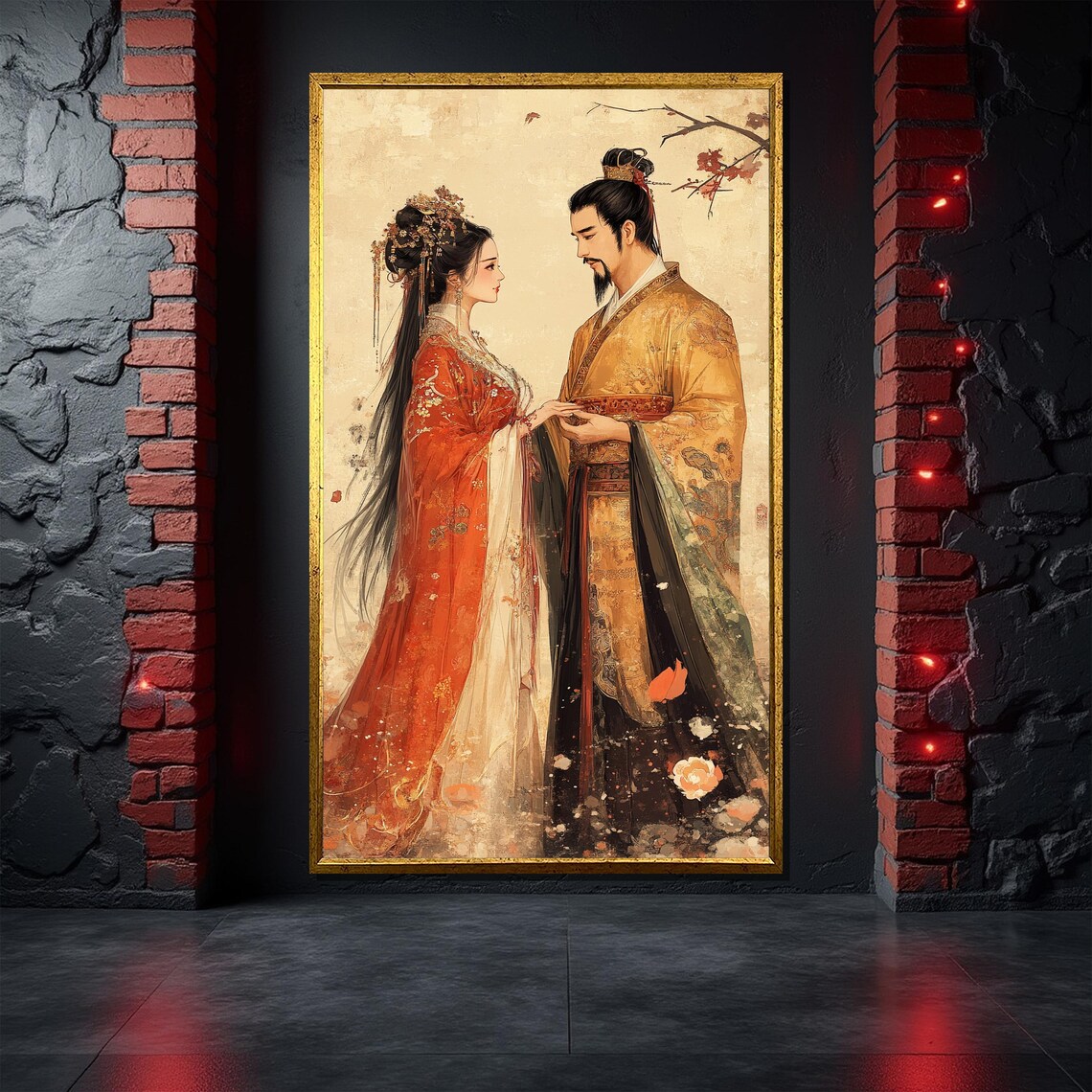 Japanese Couple Painting, Romantic Kimono Lovers