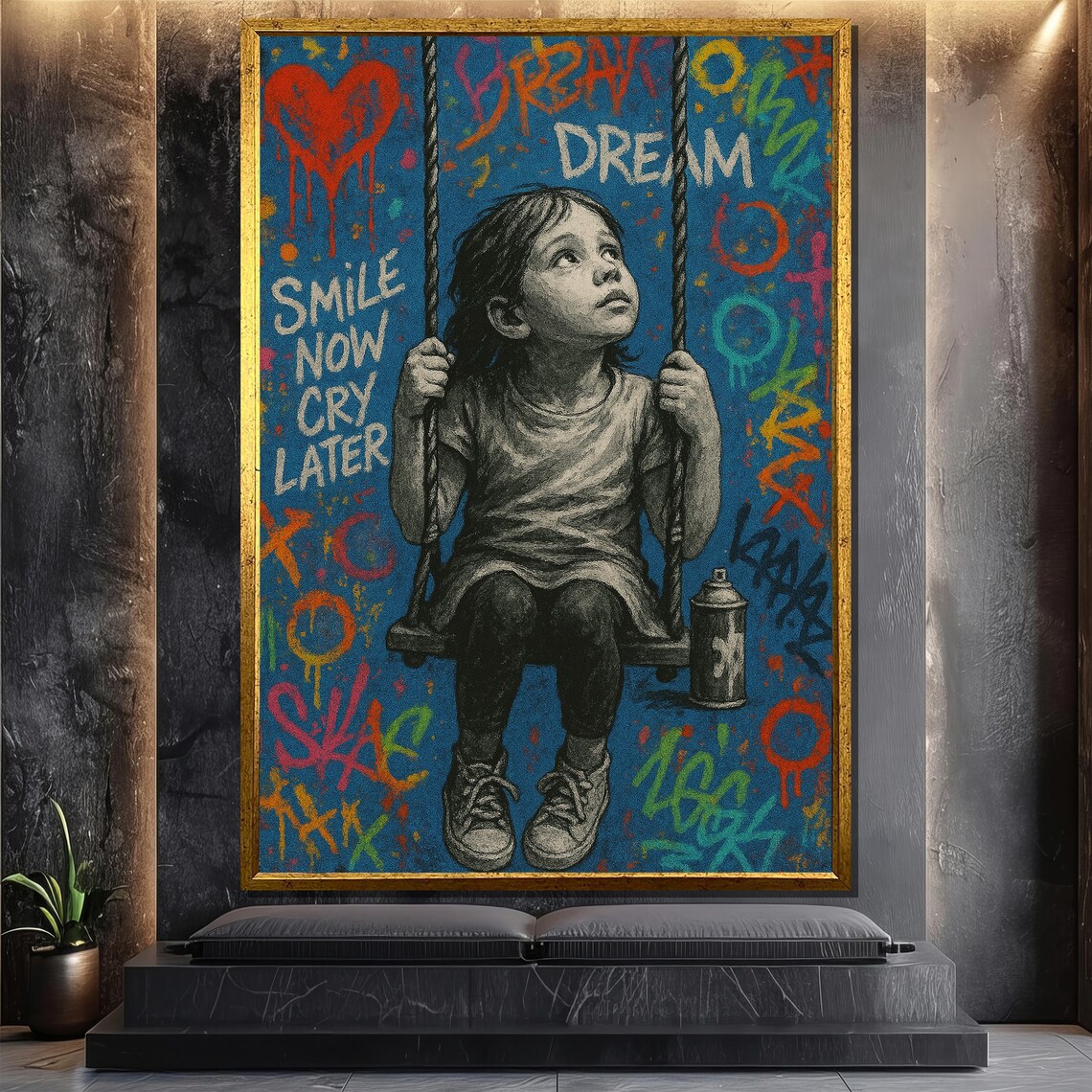 Graffiti Girl On Swing, Urban Kids Room Art