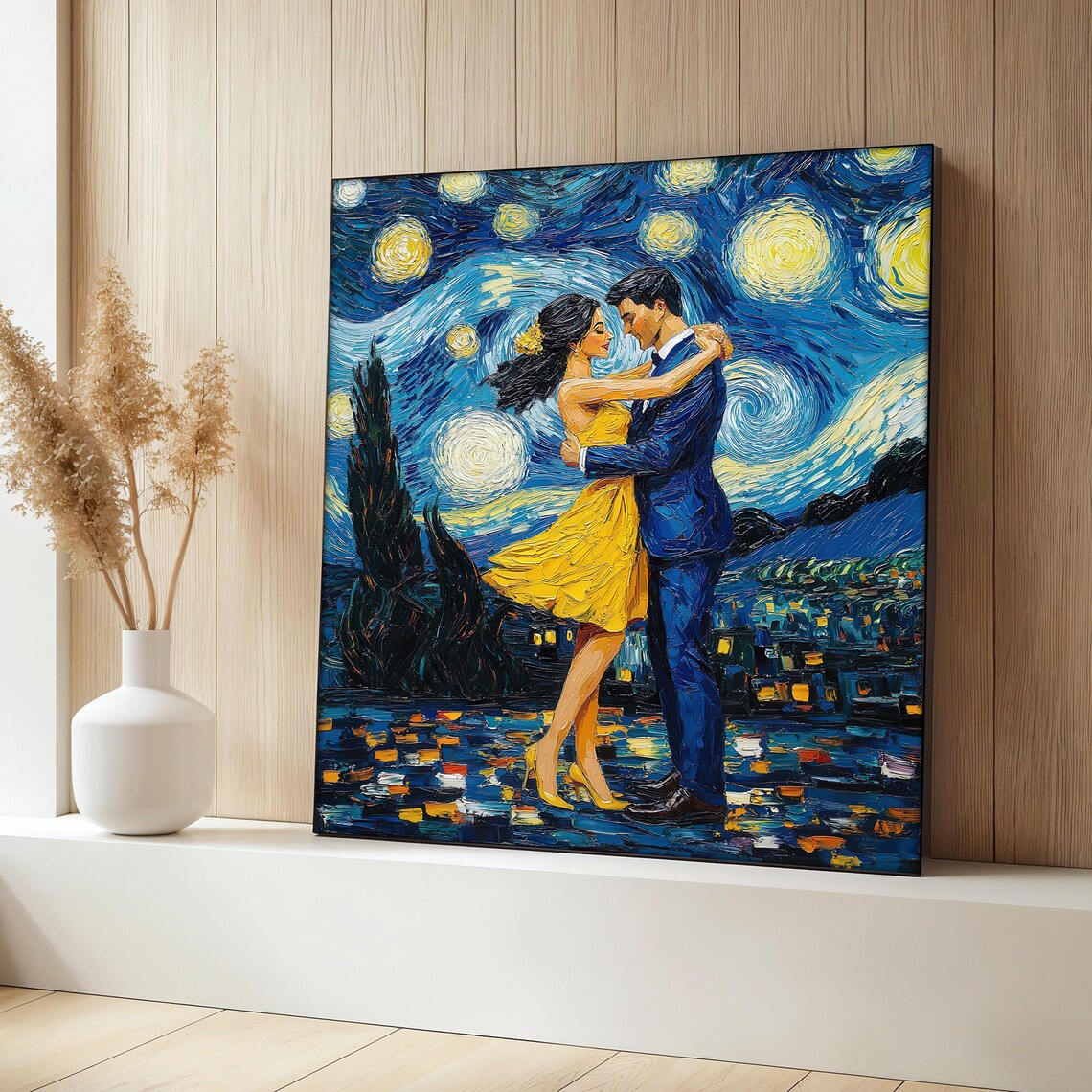 Romantic Couple Dancing Under Starry Night Swirling Sky Poster