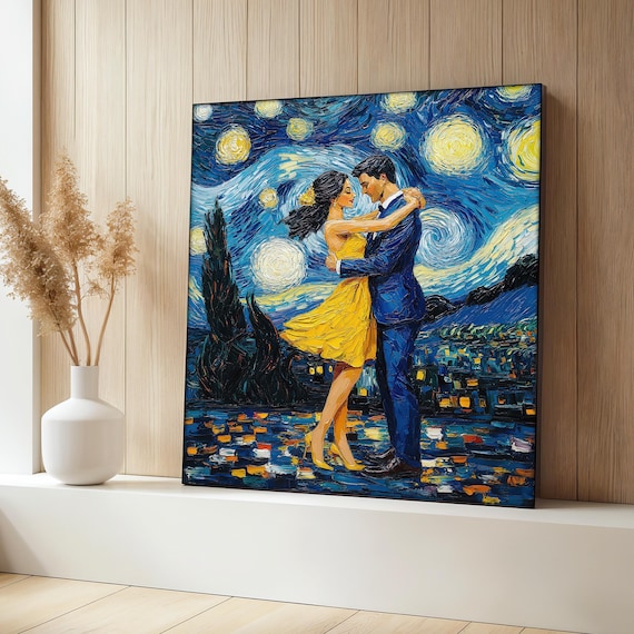 Romantic Couple Dancing Under Starry Night Swirling Sky Poster