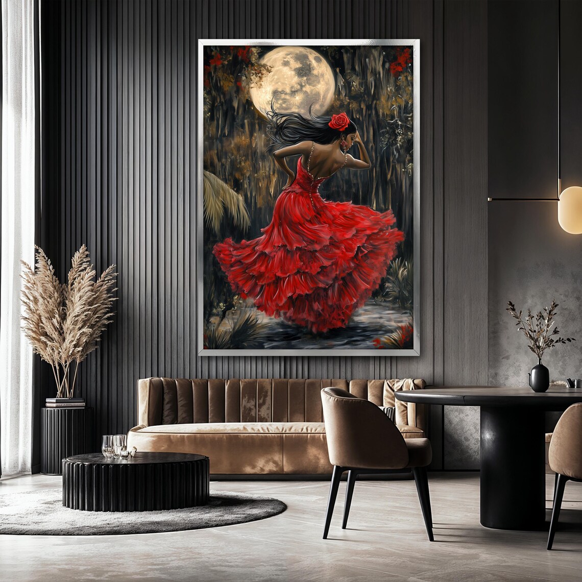 Mystical Woman in Red Dress, Moonlight Dance Art Print - Image 2