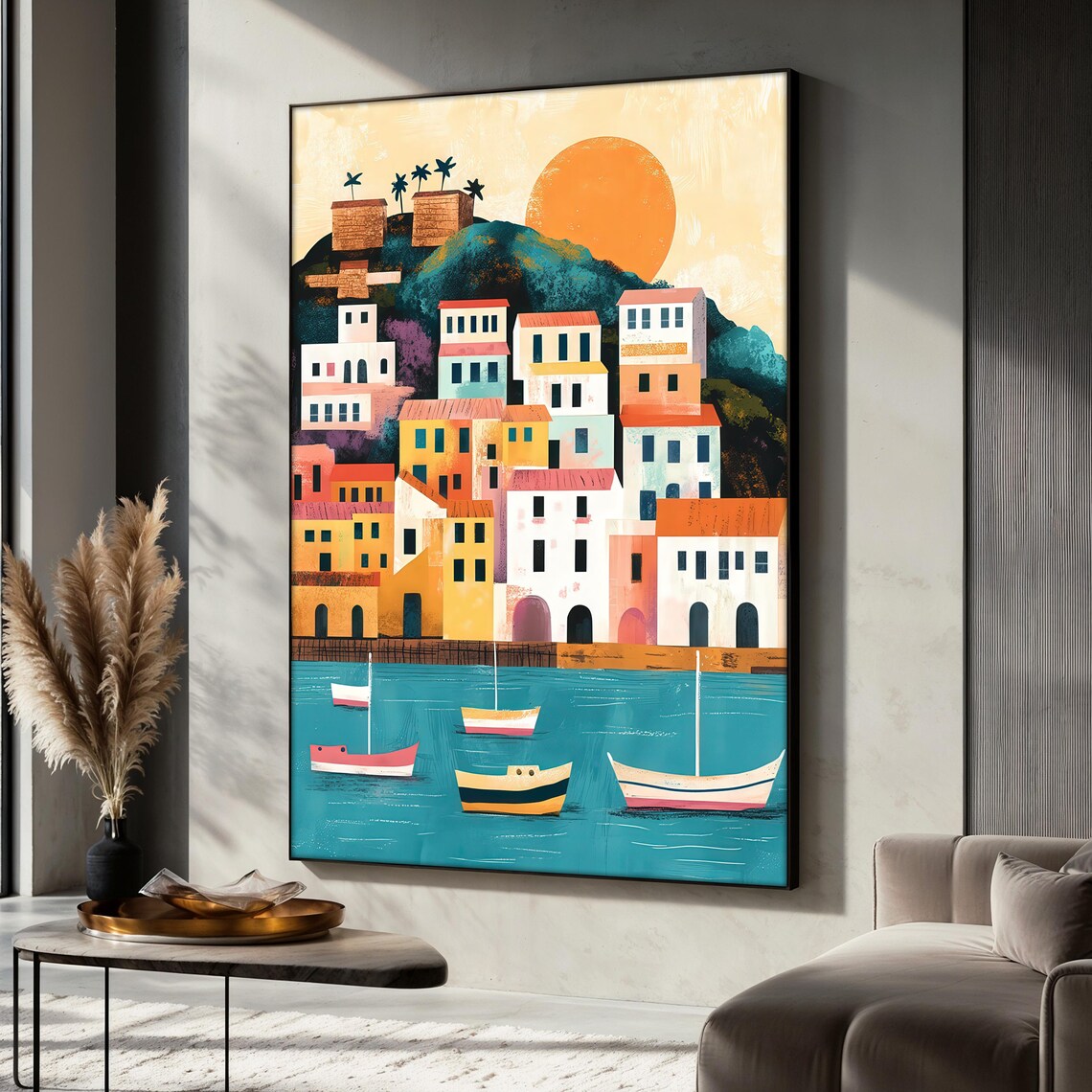 Mediterranean Coastal Town Art Print, Seaside Landscape