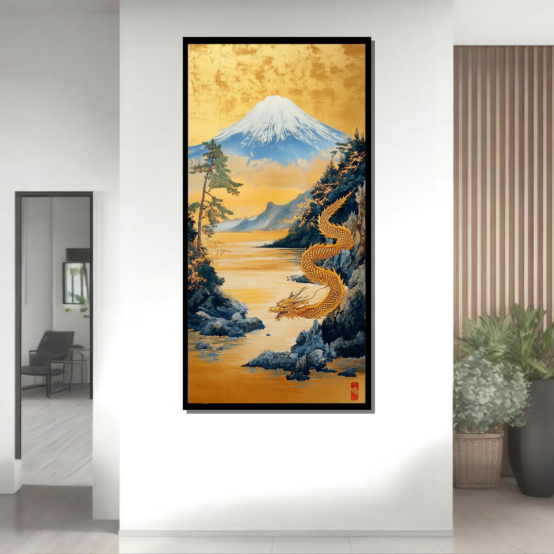 Golden Dragon and Mount Fuji Painting, Japanese Landscape - Image 2