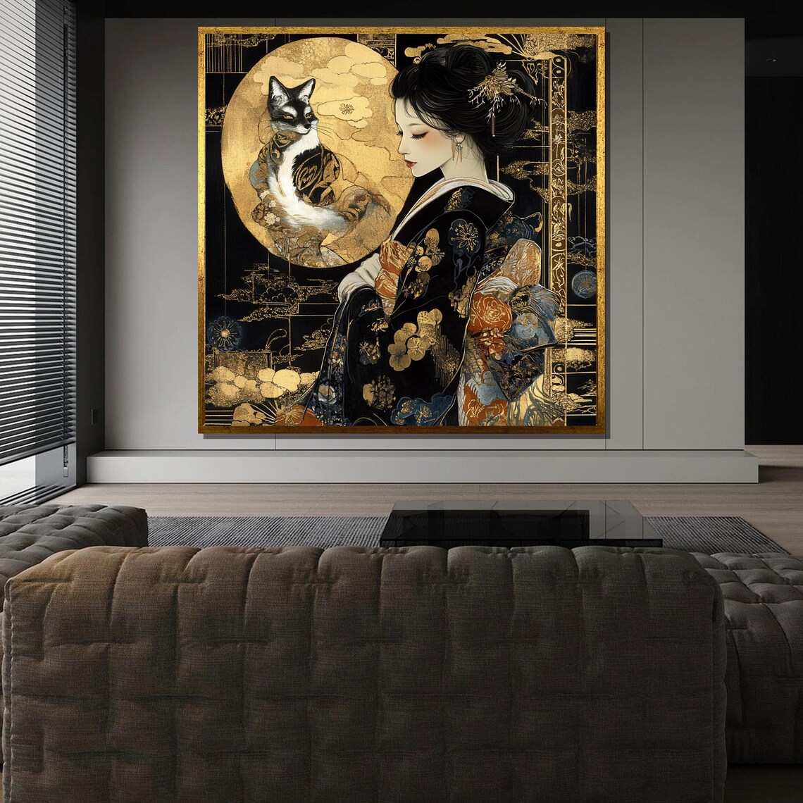 Elegant Japanese Woman With Cat, Mystical Asian Decor - Image 3