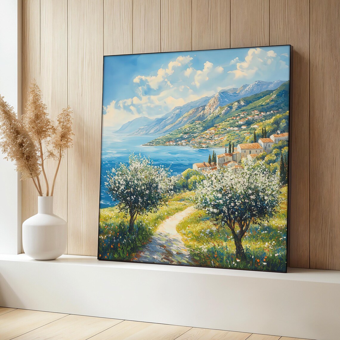 Mediterranean Landscape Painting, Scenic Village Pathway
