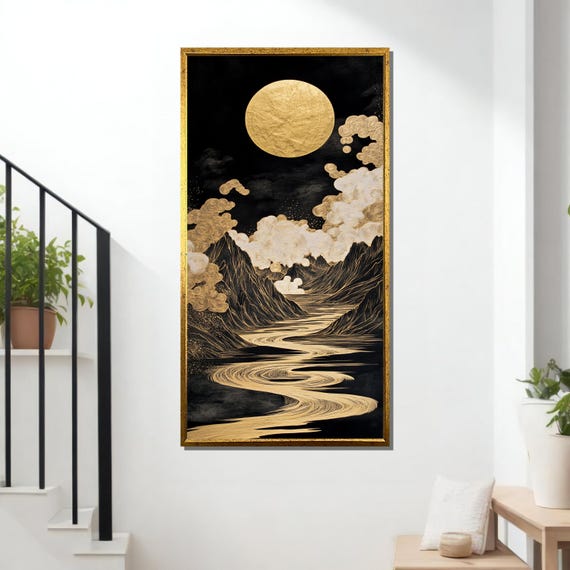 Golden Moon And River, Japanese Minimalist Art Print