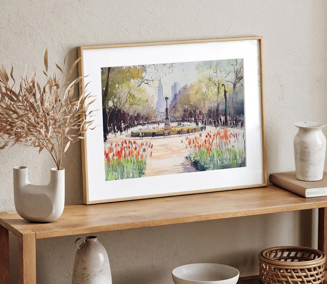 New York Painting Park Scene Watercolor Art Print Nyc Skyline Print Cityscape Wall Art Travel Poster Housewarming Gifts - Image 2