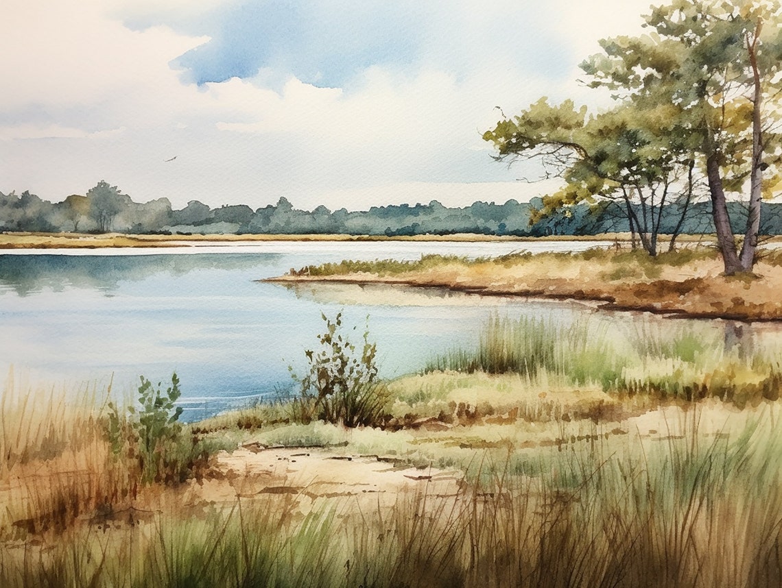 Cape Cod Salt Pond Marsh Watercolor Wetland Landscape Poster
