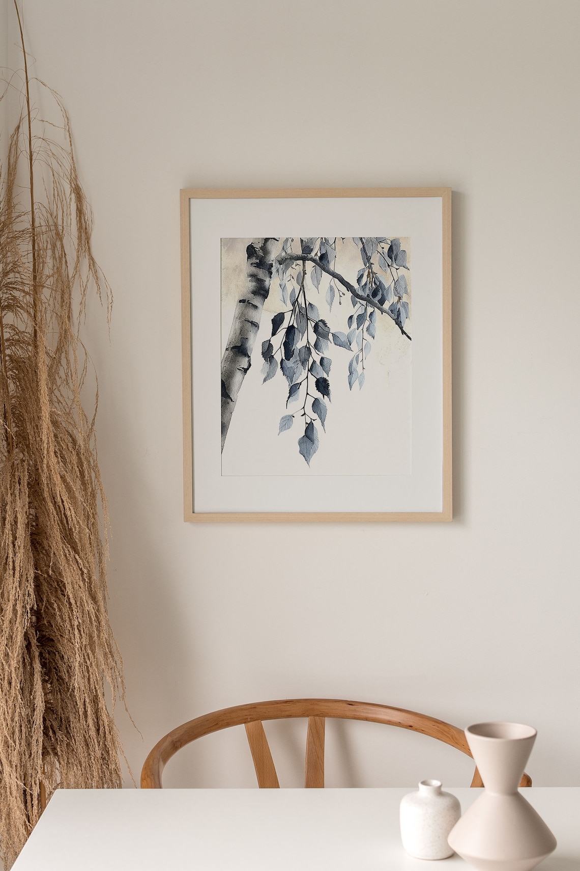 Birch Tree Blue Gray Leaves Minimalist Watercolor Nature Poster - Image 2