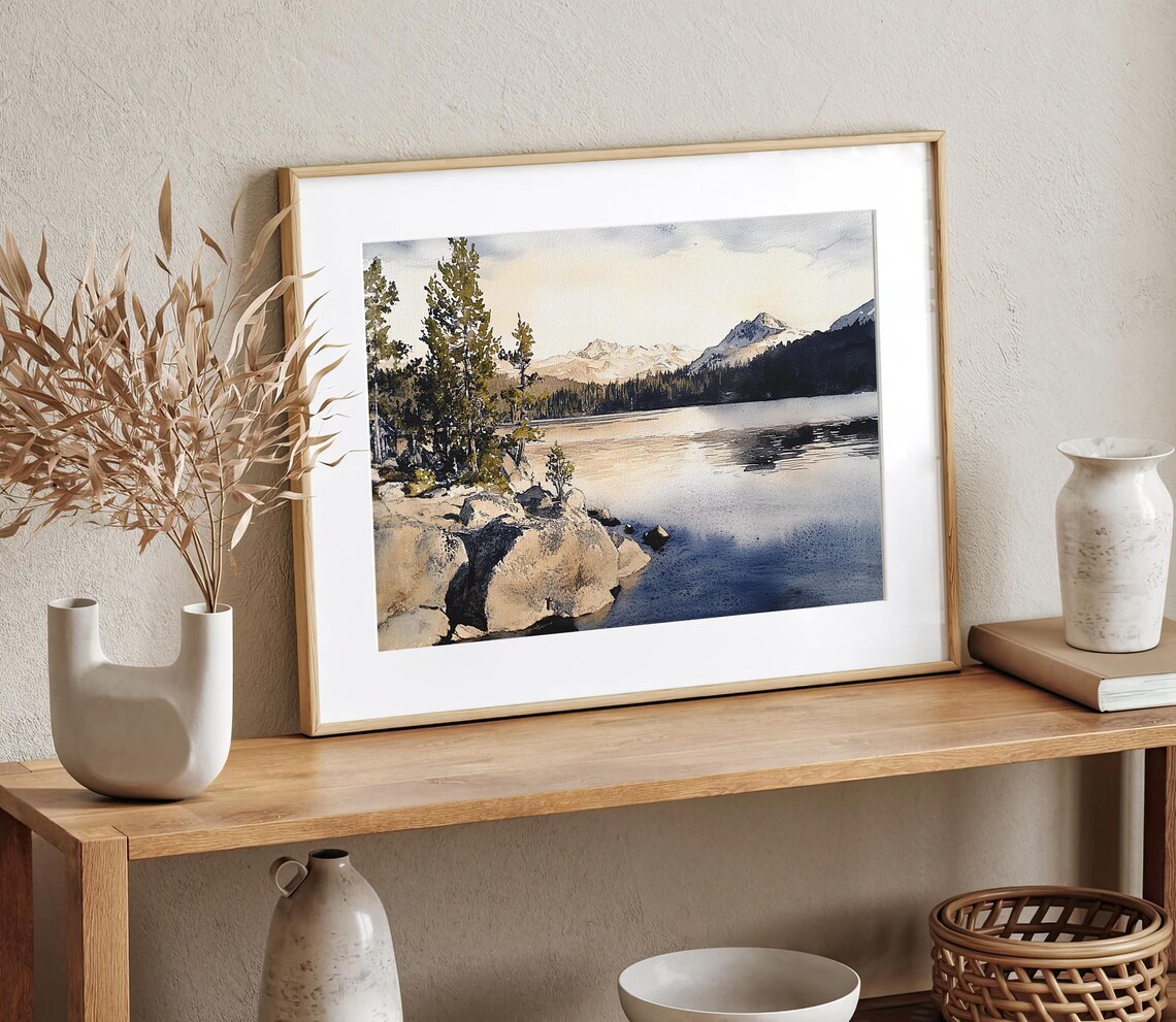 Lake Alpine Mountain Lake Watercolor Landscape Art Print - Image 3