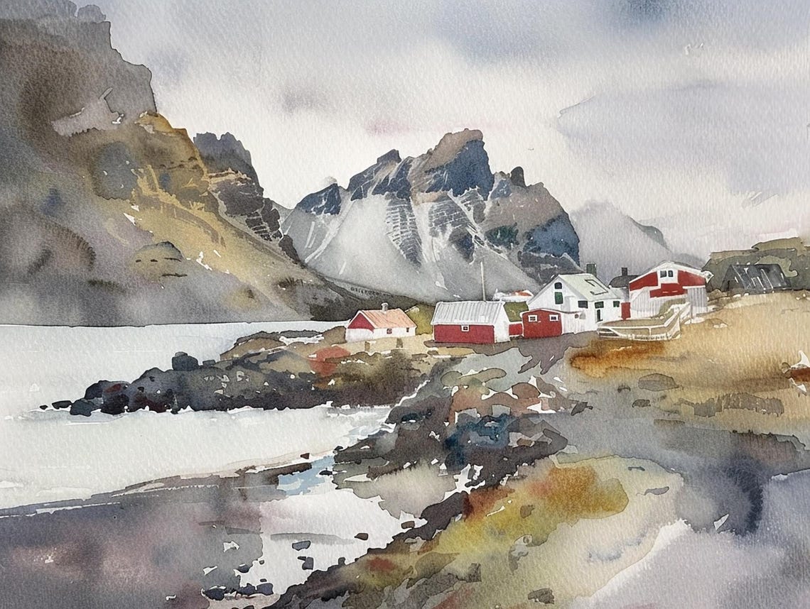 Iceland Painting South Shore Watercolor Art Print Town Of Vik Painting Wall Art Landscape Print Mountain Art Travel Poster Coastline Art