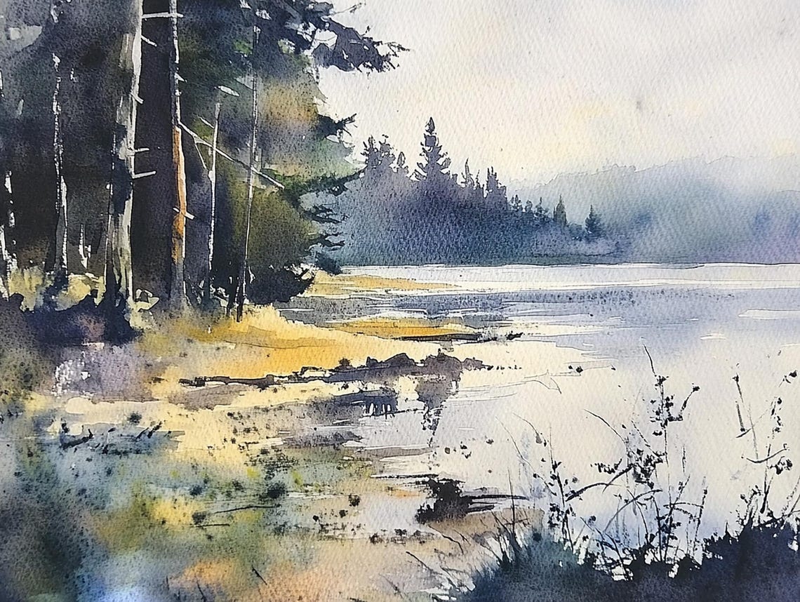 Misty Forest Shore Along a Still Mountain Lake Watercolor Poster