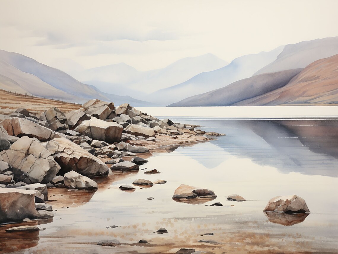 Rocky Lakeshore with Perfect Mountain Reflections Watercolor Poster
