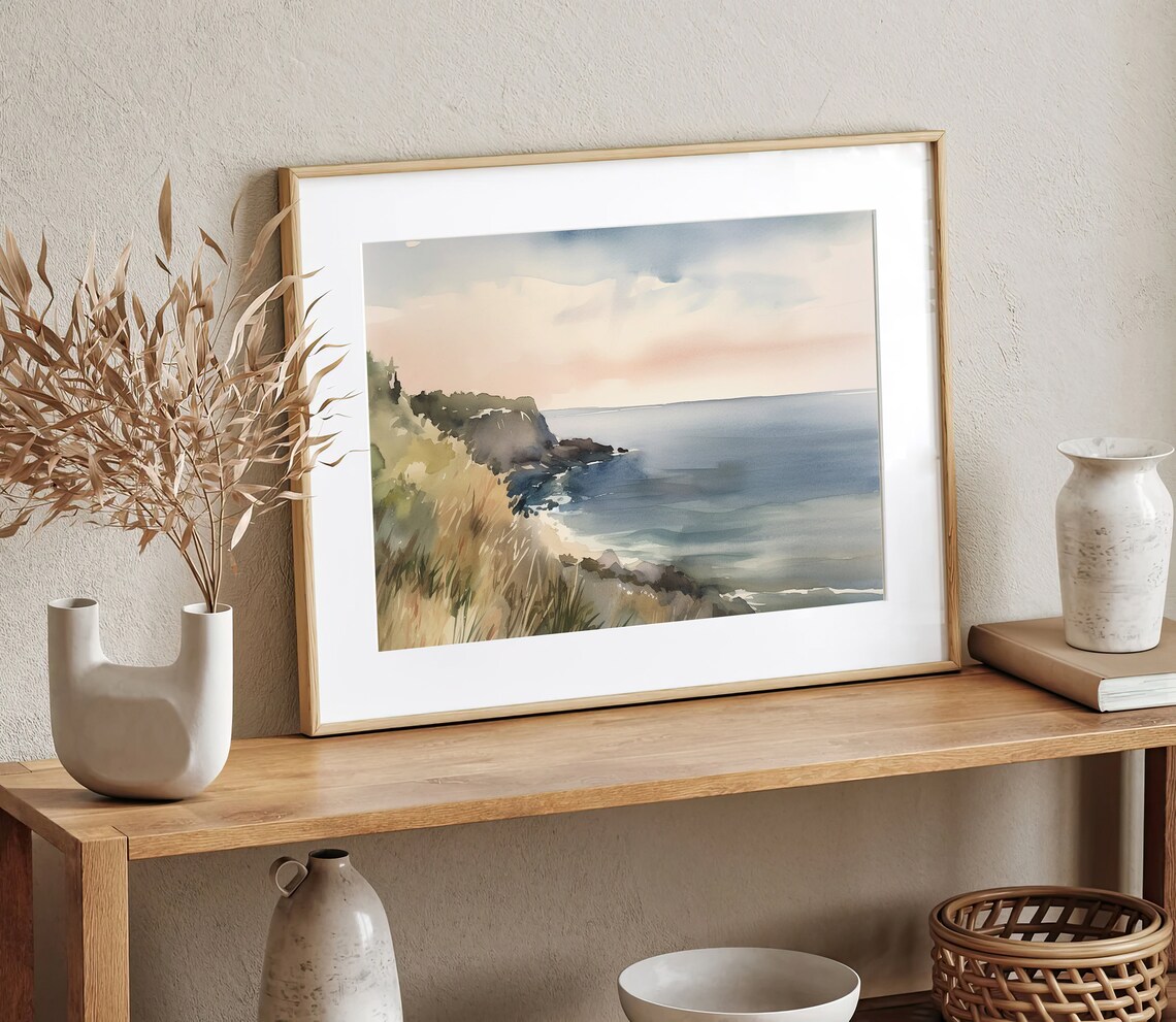 Cornwall Coastal Cliffs Rocky Shore and Calm Sea Watercolor Seascape Poster - Image 5