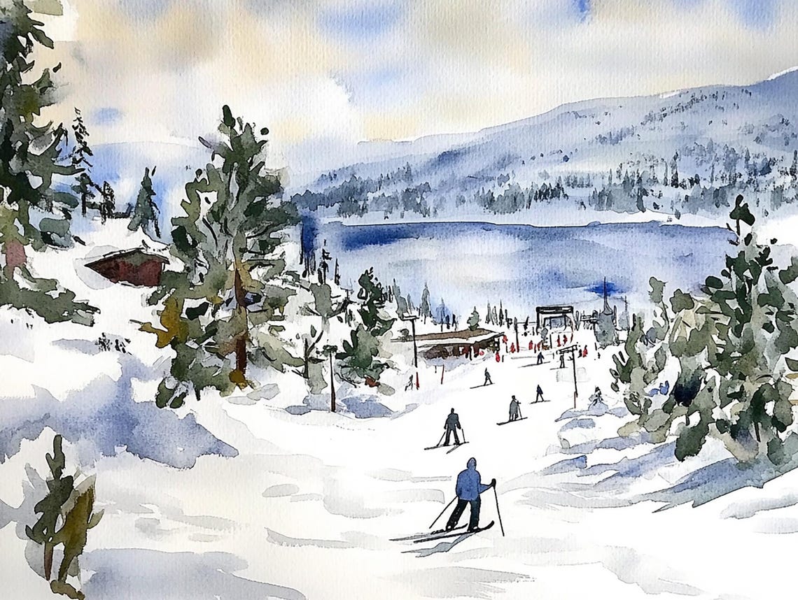 Skiers Gliding Down a Snowy Mountain Resort Slope Watercolor Poster