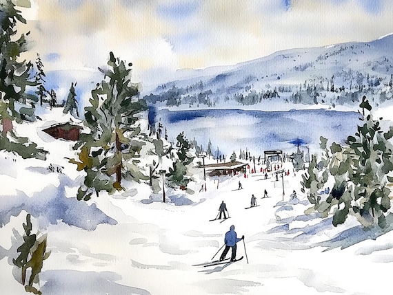 Skiers Gliding Down a Snowy Mountain Resort Slope Watercolor Poster