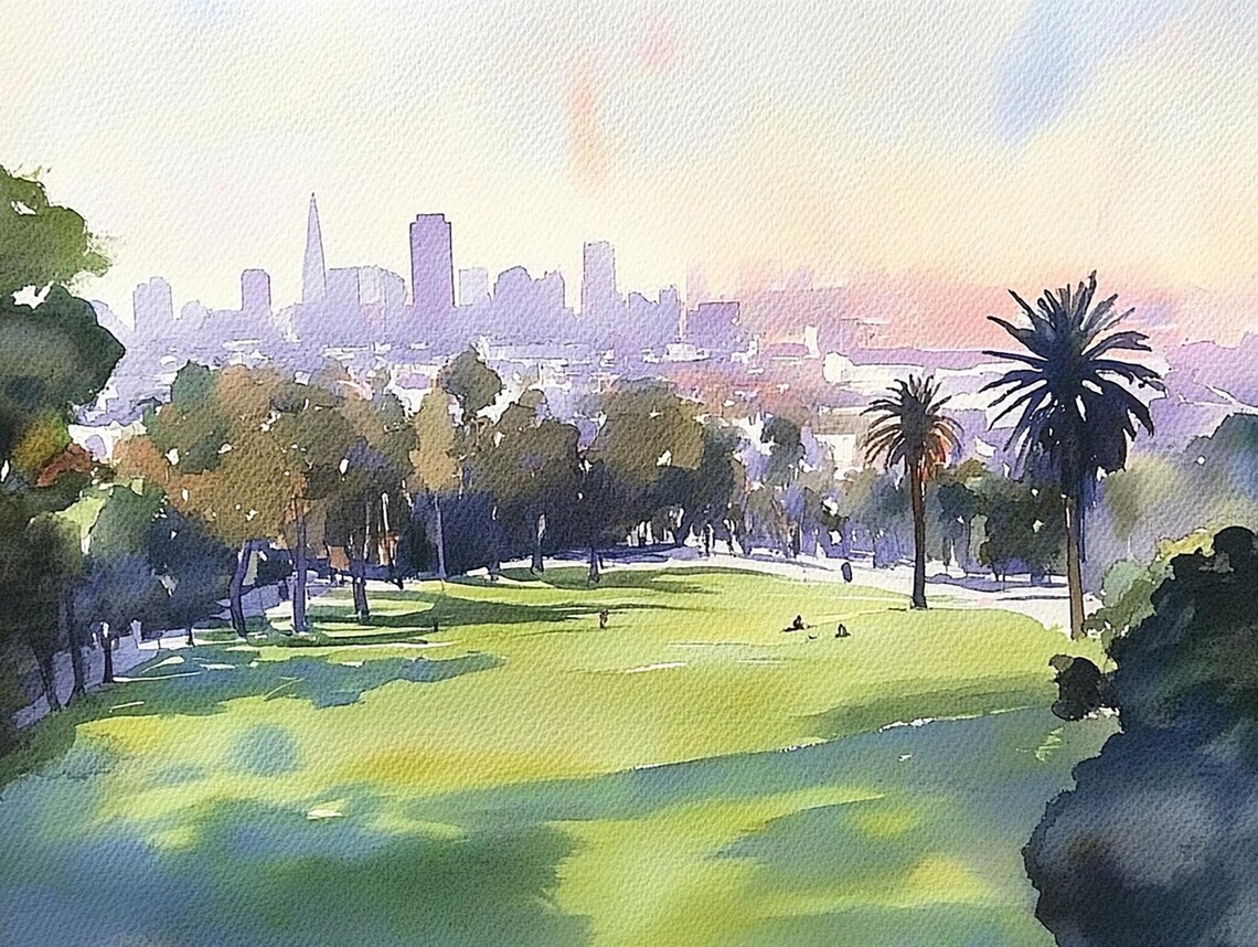San Francisco Skyline Glowing Beyond a Sunny Park Watercolor Poster