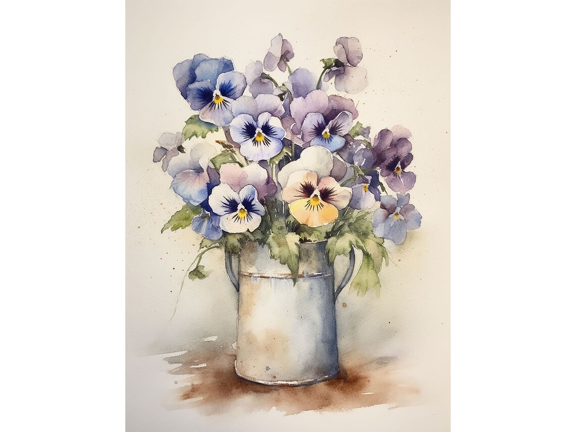 Pansy and Violets in Enamel Pot, Watercolor Art Print