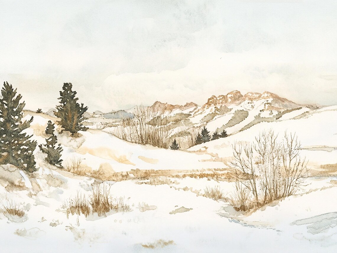 Colorado Rocky Mountains Snowy Winter Peaks Watercolor Poster