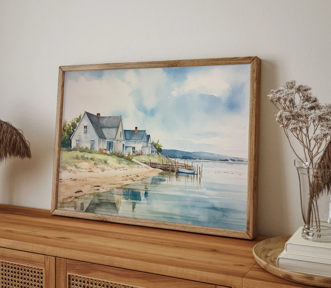 Cozy Lakeside Cottage with Wooden Dock on Still Water Poster - Image 3