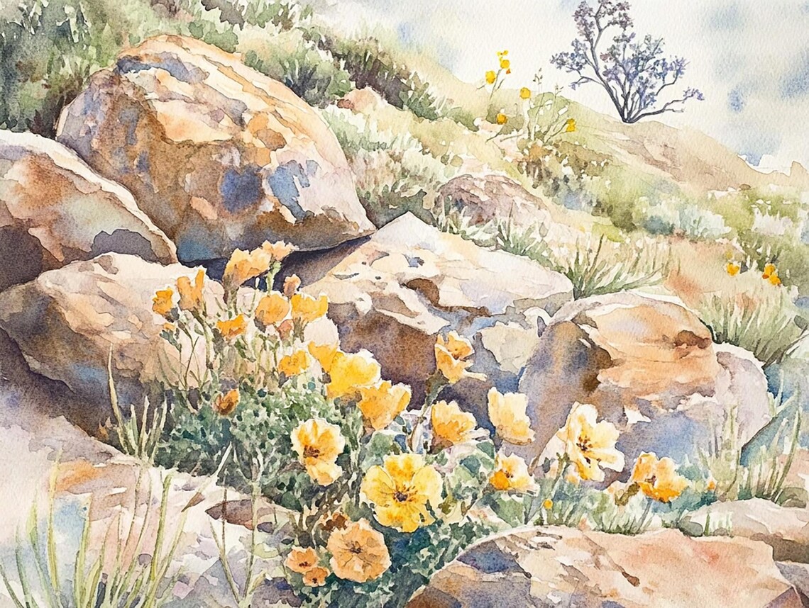Arizona Wildflowers Watercolor Art Print, Desert Blooms