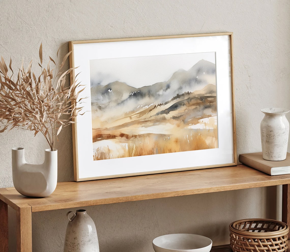 Misty Beige Mountain Hills Abstract Watercolor Landscape Poster - Image 2