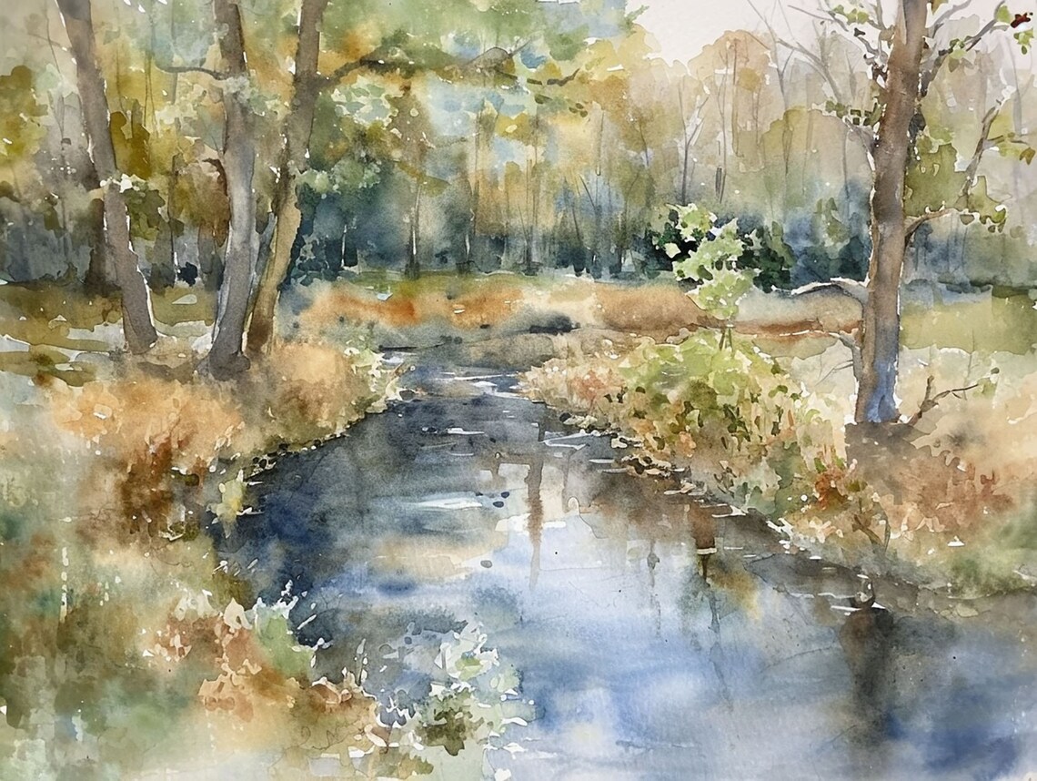 Spring Creek Painting, Forest Watercolor Art Print