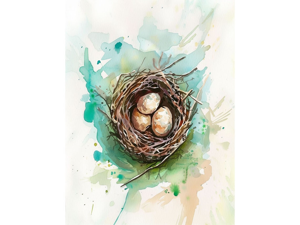 Watercolor Bird Nest Three Eggs Teal Splash Spring Art Poster