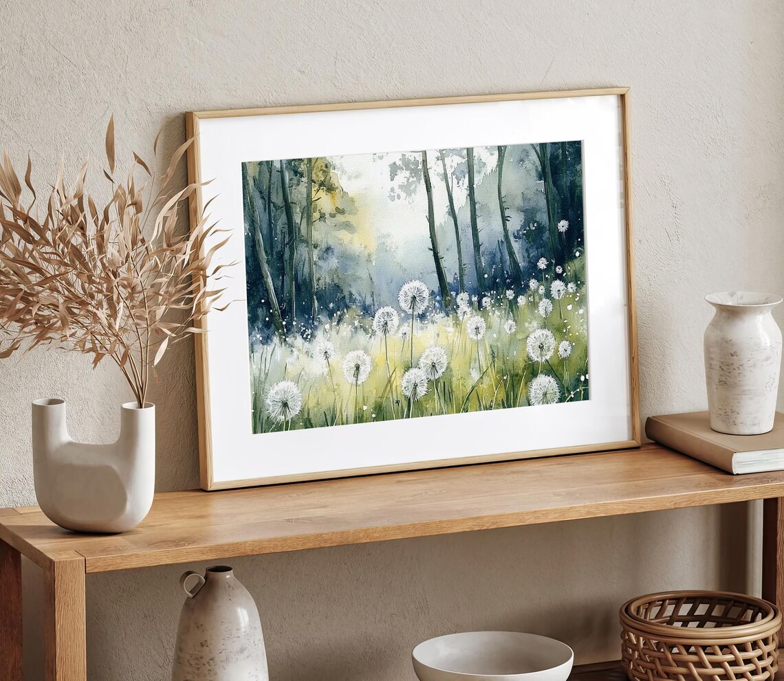 Summer Field Fluffy Dandelion Watercolor Art Print - Image 2