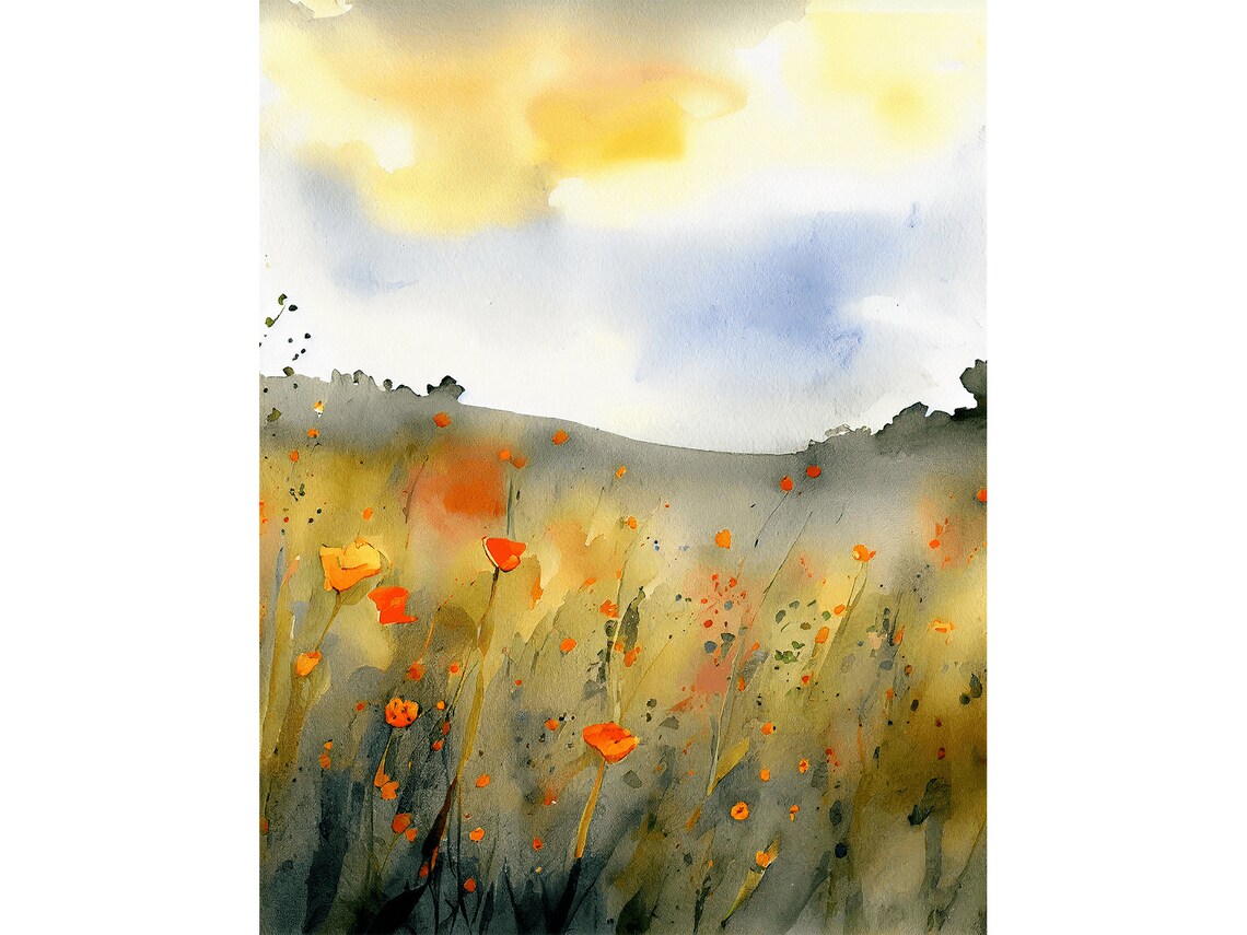 Poppy Watercolor Wildflowers Art Print, California Fields
