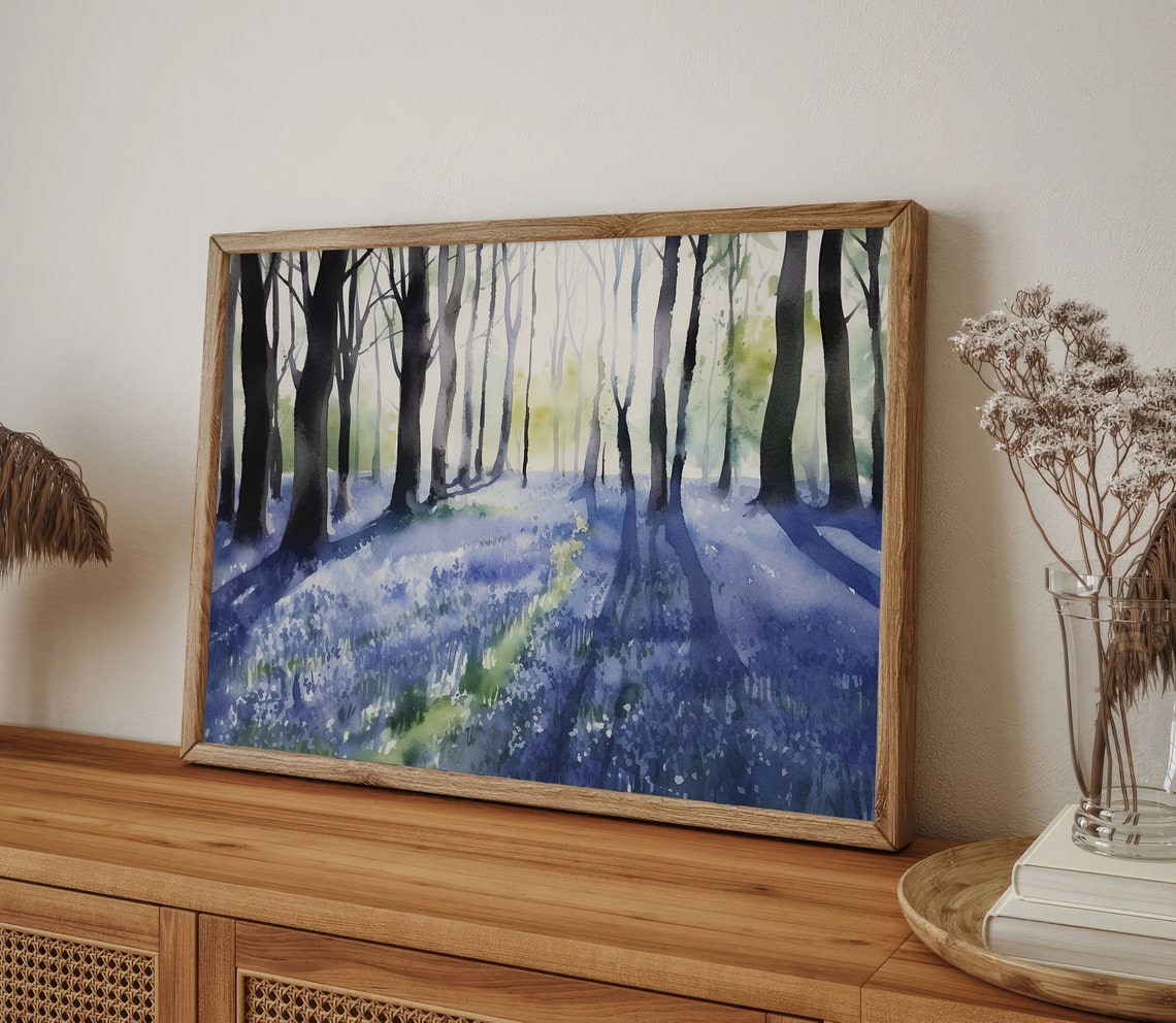 Enchanted Bluebell Forest with Towering Sunlit Trees Watercolor Poster - Image 3