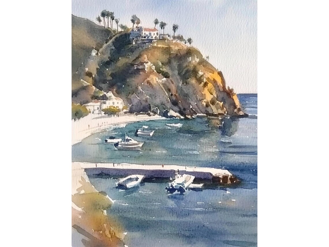 Santa Catalina Island Coastal Cliff Harbor Watercolor Poster