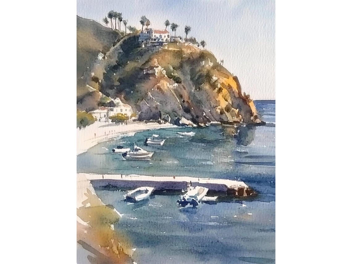 Santa Catalina Painting California Coastal Watercolor Art Print Catalina Island Wall Art Sailboats Print Summer House Decor