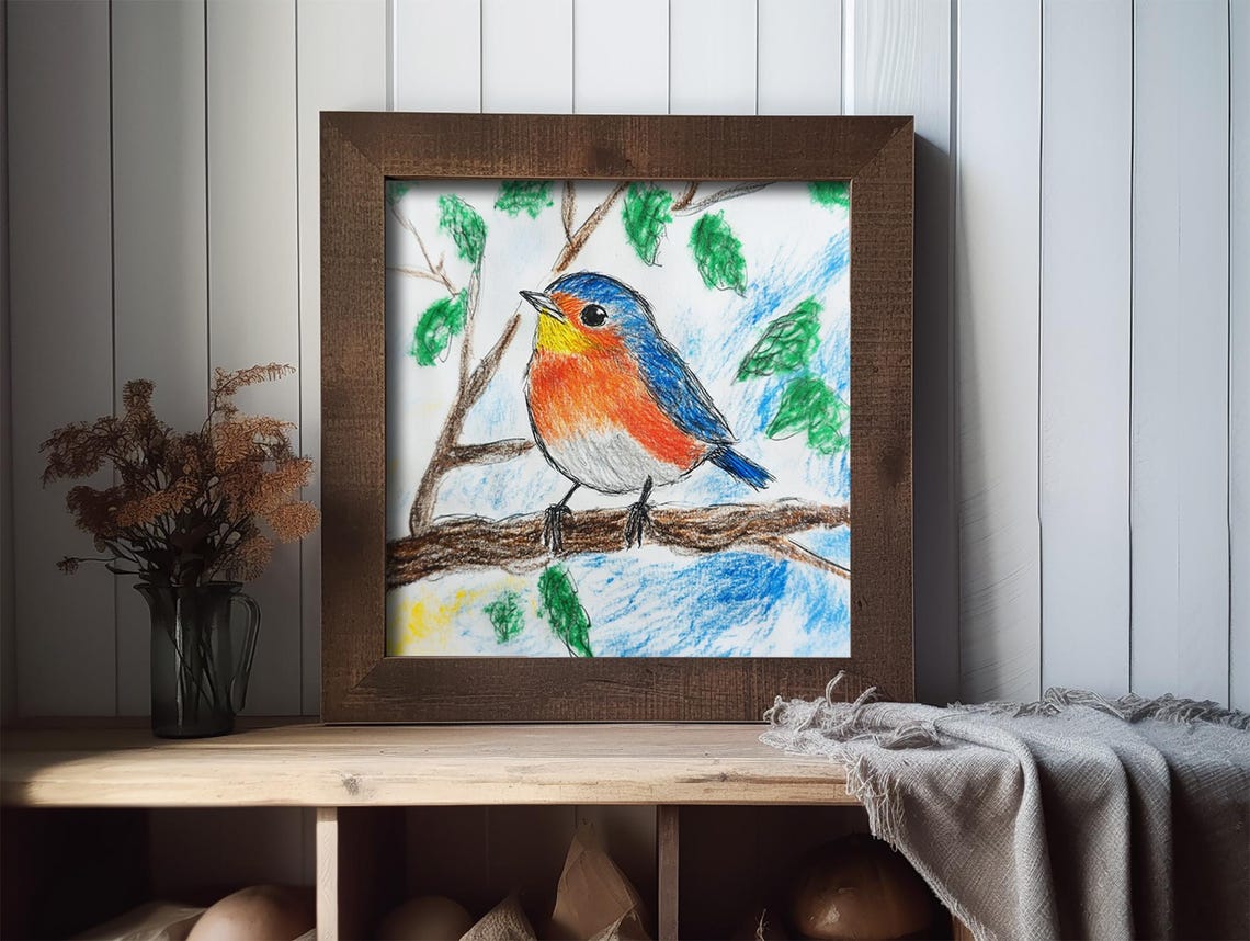 Colorful Blue and Orange Songbird Crayon Drawing Kids Room Poster - Image 2