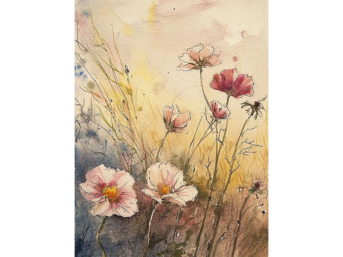 Wildflowers Floral Watercolor Art Print, Botanical Meadow