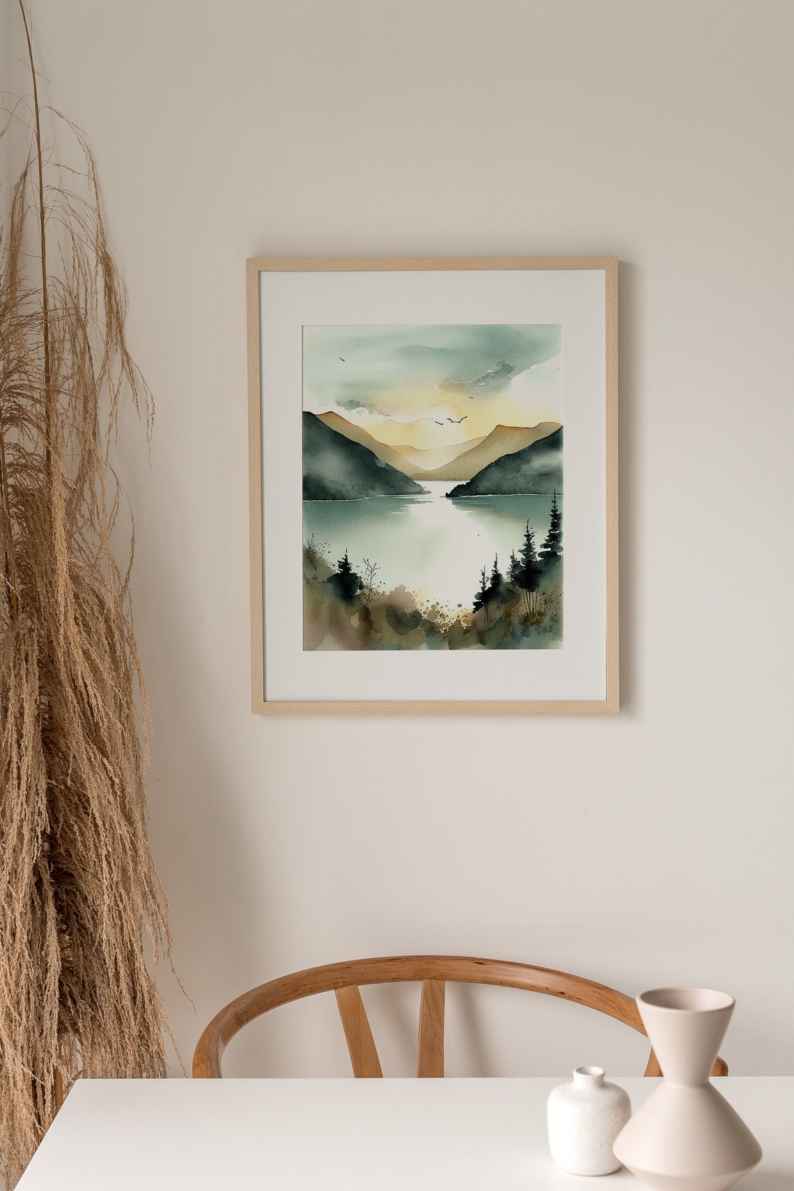 Peaceful Sunrise Over Mountain Lake Mist Watercolor Nature Poster - Image 3